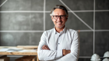 40s male architect, smiling face, standing in creative modern office. Generative AI AIG20.の素材