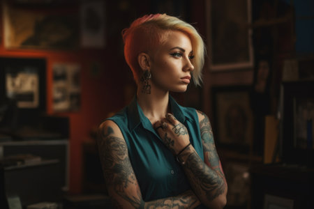 A tattooed woman with blonde short haircut standing in the office. Generative AI AIG21.の素材