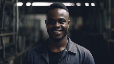 A smiling African male factory worker standing in metal sheet factory. Generative AI AIG19.の素材