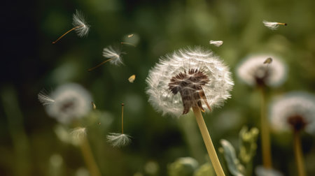 Closeup selective focus shot of a cute dandelion flowering plant. Generative AI AIG21.の素材