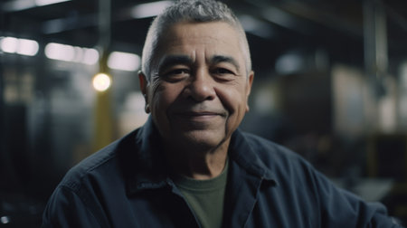A smiling senior Hispanic male electronic factory worker standing in factory. Generative AI AIG19.の素材