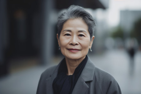 Mature smart asian businesswoman, smiling face, standing in blur background of modern office building. Generative AI AIG20.の素材