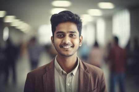 Young smart indian businessman, smiling face, standing in blur background of busy office. Generative AI AIG20.の素材
