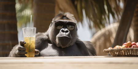 gorilla is on summer vacation at seaside resort and relaxing on summer beachの素材
