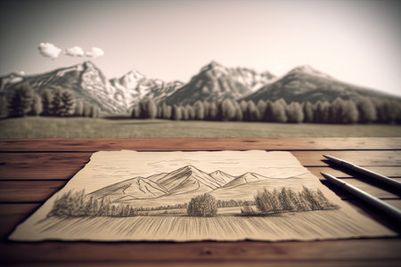 Wooden table background on a blur Alps meadows flat design. Generative AI AIG15.の素材