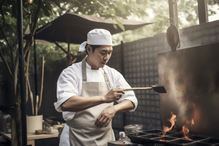 Male Asian adult cooking outdoor kitchen stove. Generative AI AIG23.の素材