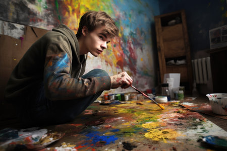 Male Caucasian teenager painting art studio artist apron picture drawing. Generative AI AIG23.の素材
