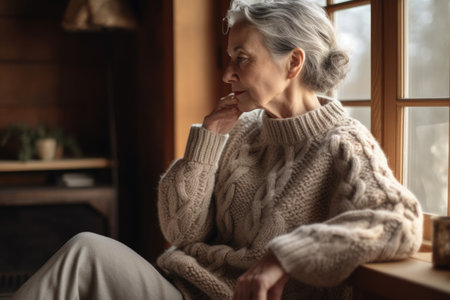 Female Caucasian senior knitting cozy sweater warmth living room. Generative AI AIG23.の素材