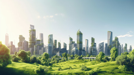 Sustainable modern city with dense high-rise skyscrapers amidst green park. Generative AI AIG18.の素材