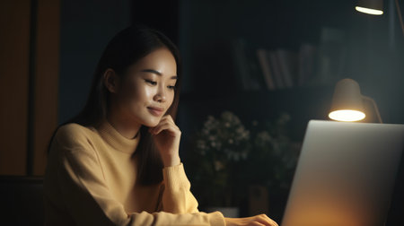 A 30s woman working joyfully on her laptop at a warm-toned home office table. generative AI AIG21.の素材