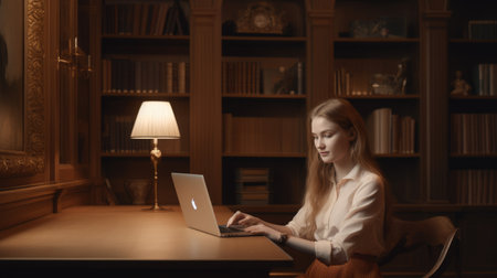 Smiling woman with laptop and book working for a company in a library. Generative AI AIG21.の素材