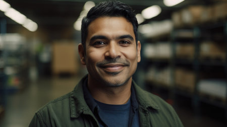 A smiling Hispanic male factory worker standing in warehouse. Generative AI AIG19.の素材