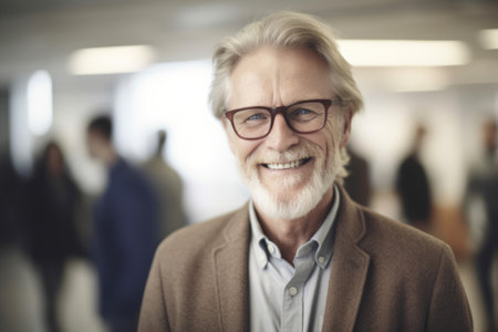 Mature smart swedish businessman, smiling face, standing in blur background of busy office. Generative AI AIG20.の素材