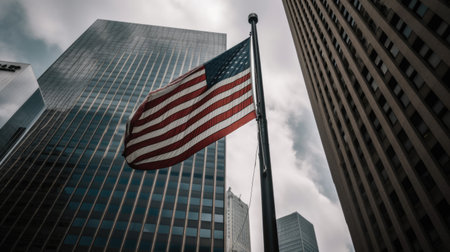 The USA flag on a flagpole near skyscrapers under a cloudy sky. Generative AI AIG21.の素材
