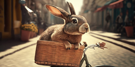 rabbit have fun bicycle ride on sunshine day in summer on town streetの素材