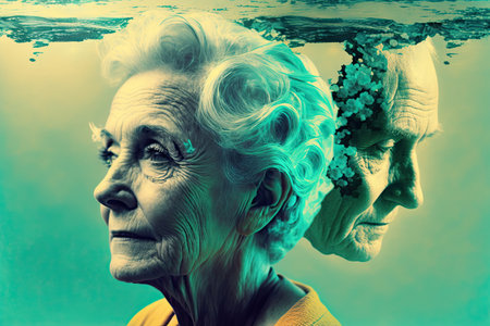 Senior adult therapist beautiful persons aqua landscape. Generative AI AIG15.の素材