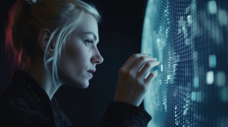 Mature blonde woman with wonder, curiosity, looking at holographic digital display, futuristic technology, innovation. Generative AI AIG20.の素材