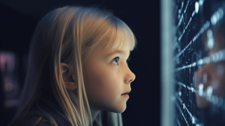 The little blonde girl wondering at holographic and futuristic technology with sharpened and grainy detail. Generative AI AIG21.の素材
