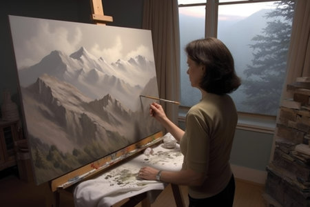 The woman painting the realistic landscapes in an art studio with mountain view. Generative AI AIG21.の素材
