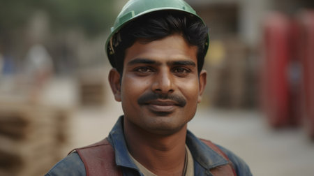 A smiling Indian male construction worker standing in construction site. Generative AI AIG19.の素材