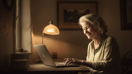 Woman smiling at a laptop computer in a warm-toned living room. generative AI AIG21.の素材