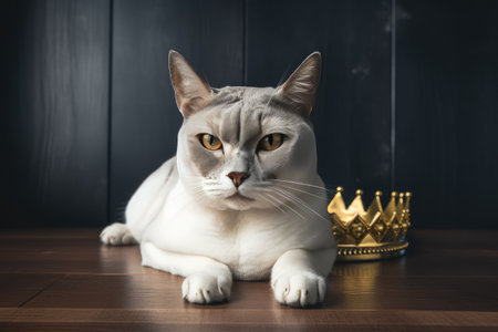 King of cat wearing crown on dark background. distinct generative AI image.の素材