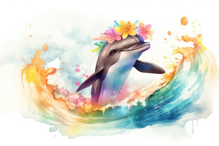 Happy dolphin in hand drawing watercolor style with summer flower decoration. distinct generative AI image.の素材