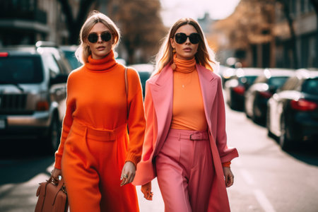 Two women walking in the city street with colorful outfit. generative AI AIG21.の素材