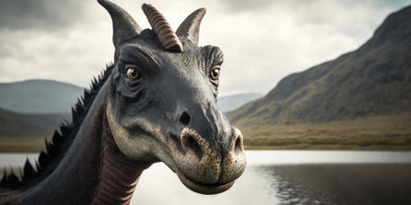 Prehistoric creature or dinosaur in the wild nature. Realistic style drawing. superlative generative AI image.の素材