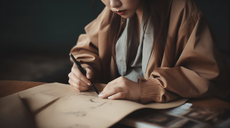 Creative Fashion Designer Female Asian Young Adult Sketching designs for the next fashion collection in Studio. Generative AI AIG22.の素材