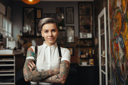 A tattooed happy woman with colorful short haircut standing in the office. Generative AI AIG21.の素材