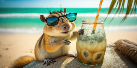 chipmunk is on summer vacation at seaside resort and relaxing on summer beachの素材