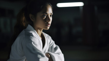 Athlete Female Hispanic Young Adult Practicing martial arts in a gym. Generative AI AIG22.の素材