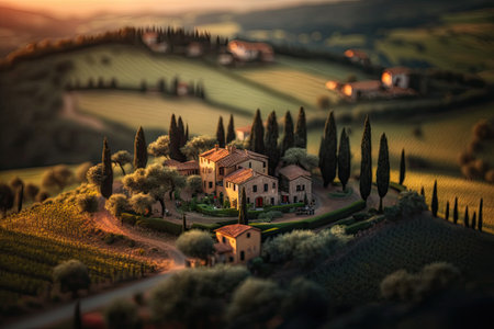Tilt shift Tuscany landscape stunning sunset beautiful. Generative AI AIG15.の素材