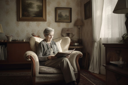 Female Caucasian elderly reading books in living room casual relaxing. Generative AI AIG23.の素材