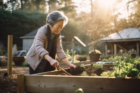 Female Asian senior gardening in backyard plants practical. Generative AI AIG23.の素材
