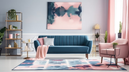 Patterned carpet in pink and blue living room interior with sofa against white wall. Generative AI AIG18.の素材