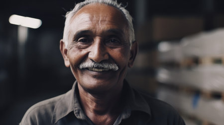 A smiling senior Indian male factory worker standing in warehouse. Generative AI AIG19.の素材