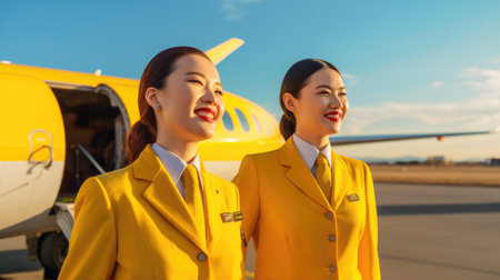Two smiling air hostesses in yellow suit standing in front of airplane entrance under blue sky. Generative AI AIG21.の素材
