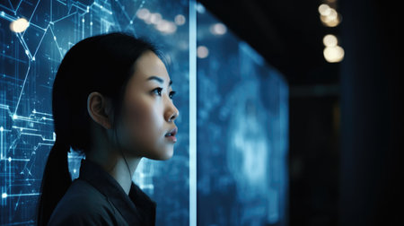 Young Asian woman with wonder, curiosity, looking at holographic digital display, futuristic technology, innovation. Generative AI AIG20.の素材