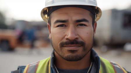 A smiling Hispanic male construction worker standing in construction site. Generative AI AIG19.の素材