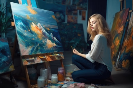 A woman art director is painting in her studio in the vibrant airy scenes. Generative AI AIG21.の素材