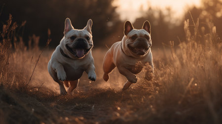 Two French bulldogs frolicking in a grassy field during day sunny. Generative AI AIG18.の素材