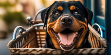 Rottweiler dog have fun bicycle ride on sunshine day morning in summer on town streetの素材