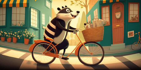 badger have fun bicycle ride on sunshine day in summer on town streetの素材