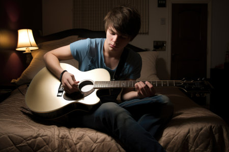 Male Caucasian teenager playing guitar in bedroom activity music. Generative AI AIG23.の素材
