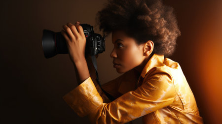 Photographer Female African-American Middle Age Taking pictures at a fashion shoot in Studio. Generative AI AIG22.の素材