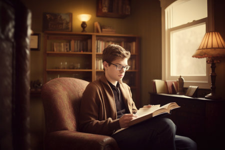 Male Caucasian young adult reading books in home library casual relaxing. Generative AI AIG23.の素材