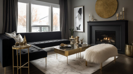 Interior design of Living Room in Contemporary style with Fireplace decorated with Velvet, Fur, Glass material. Modern architecture. Generative AI AIG24.の素材