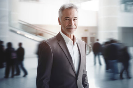 40s mature male executive, smiling face, standing in blur background of busy hall. Generative AI AIG20.の素材